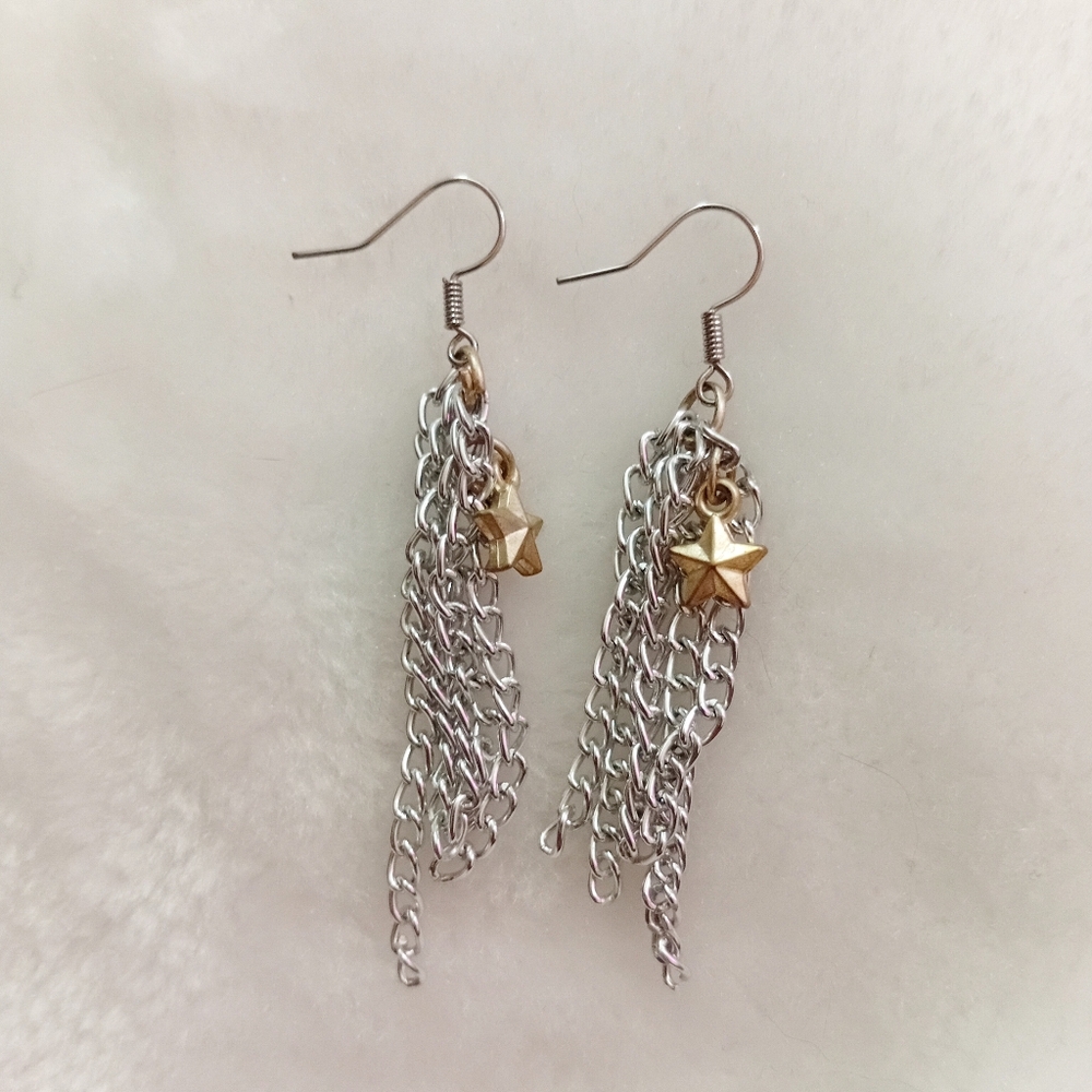 Elegant Silver and Gold Star Chain Earrings